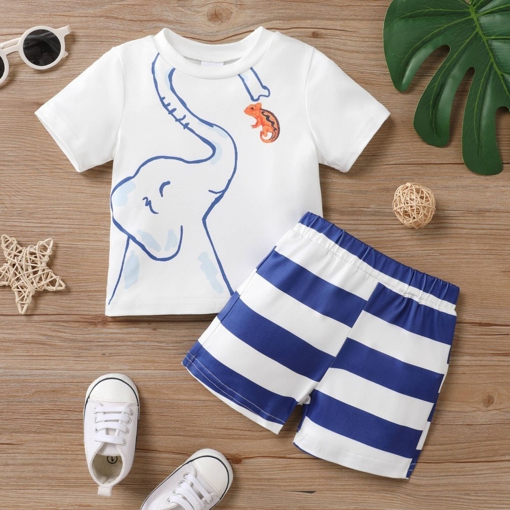 Toddler Boy 2-Piece Elephant Print Outfit – White, Size 3-6 Months